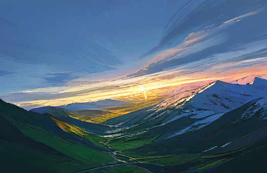 A painted valley at sunset with snow-capped mountains