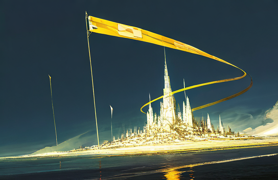 A golden spired city on the shoreline with a long ribbon banner