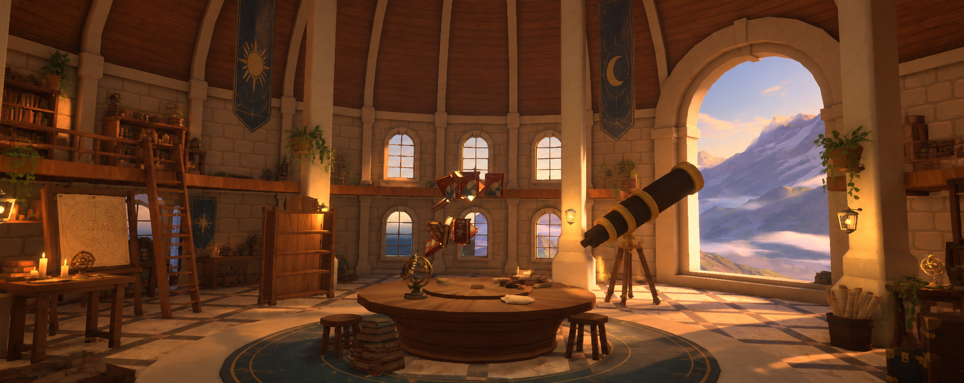 In-game screenshot: a sunlit observatory with a telescope, floating books and a view over snowy mountains