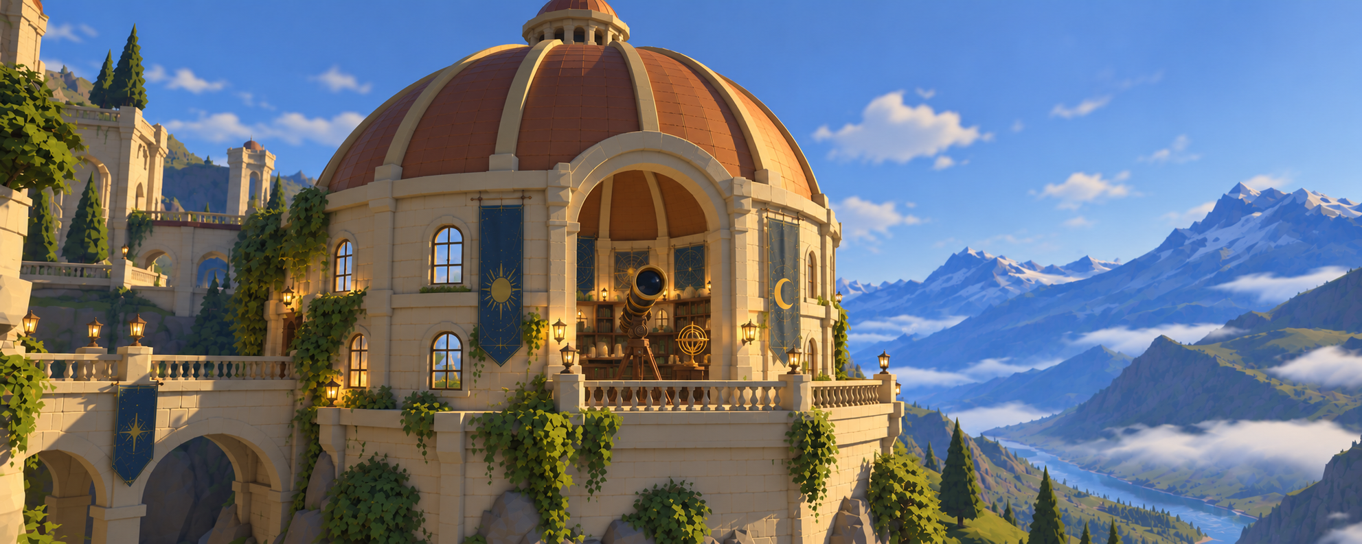 In-game screenshot: a domed observatory on a cliff overlooking snowy mountains and a river valley